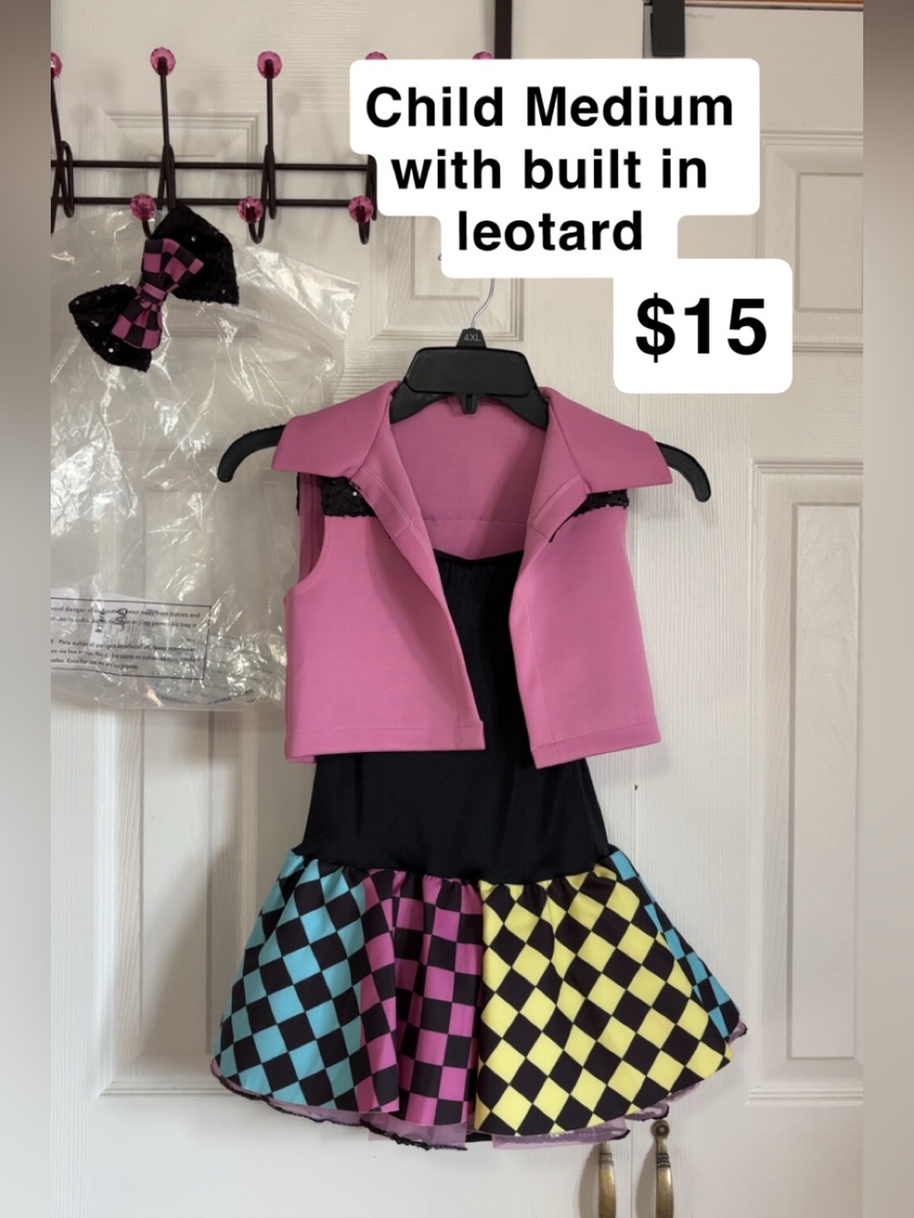 Pink and Black Kids Costume with Colorful Harlequin Skirt